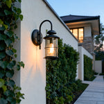 European Outdoor Wall Sconce with Clear Glass Shade in Black Aluminum