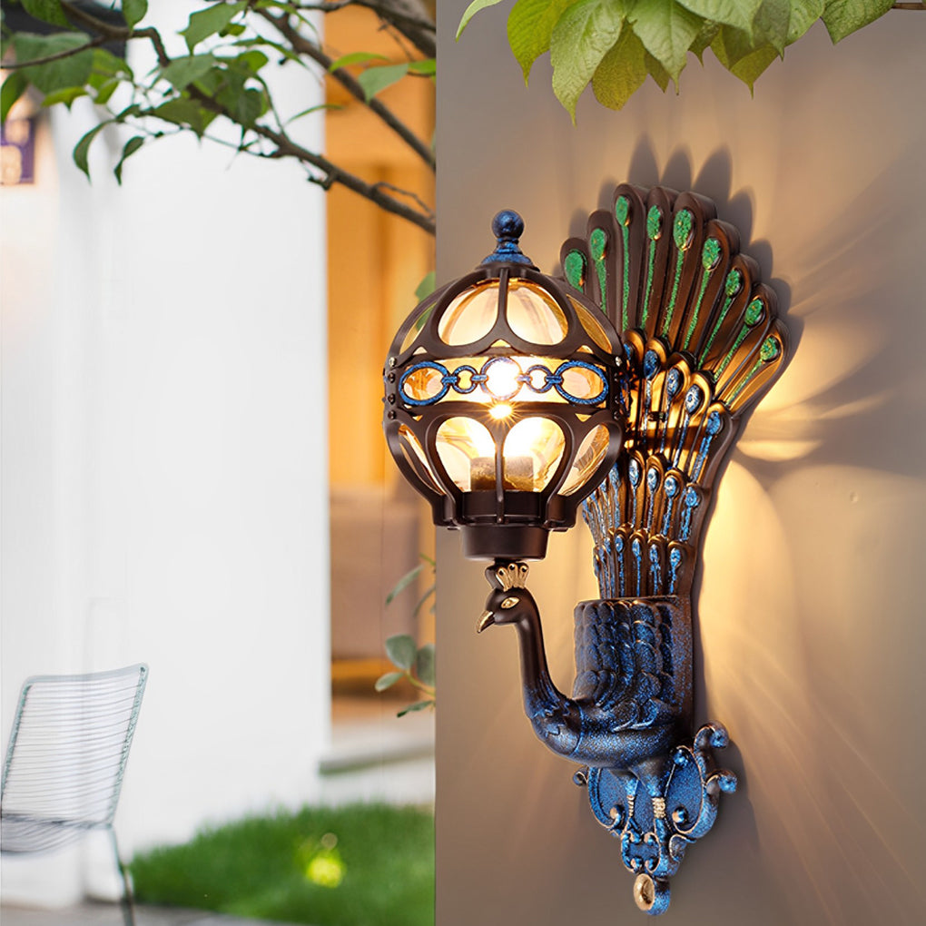 Artisan Outdoor Wall Sconce with Peacock Motif in Die-Cast Aluminum
