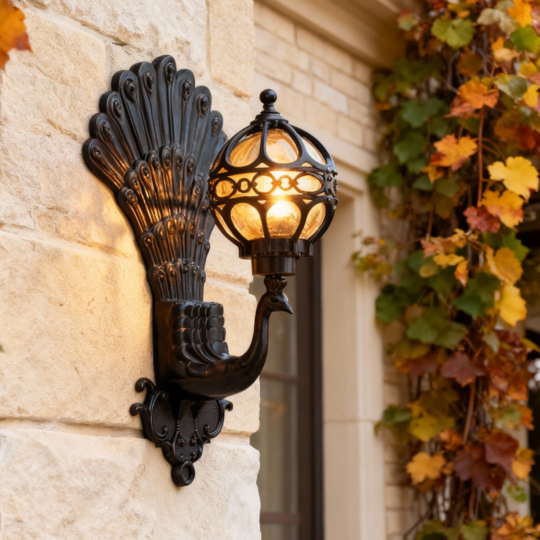 Peacock Wall Sconce — Vintage Aluminum Outdoor Lighting with Glass Shade