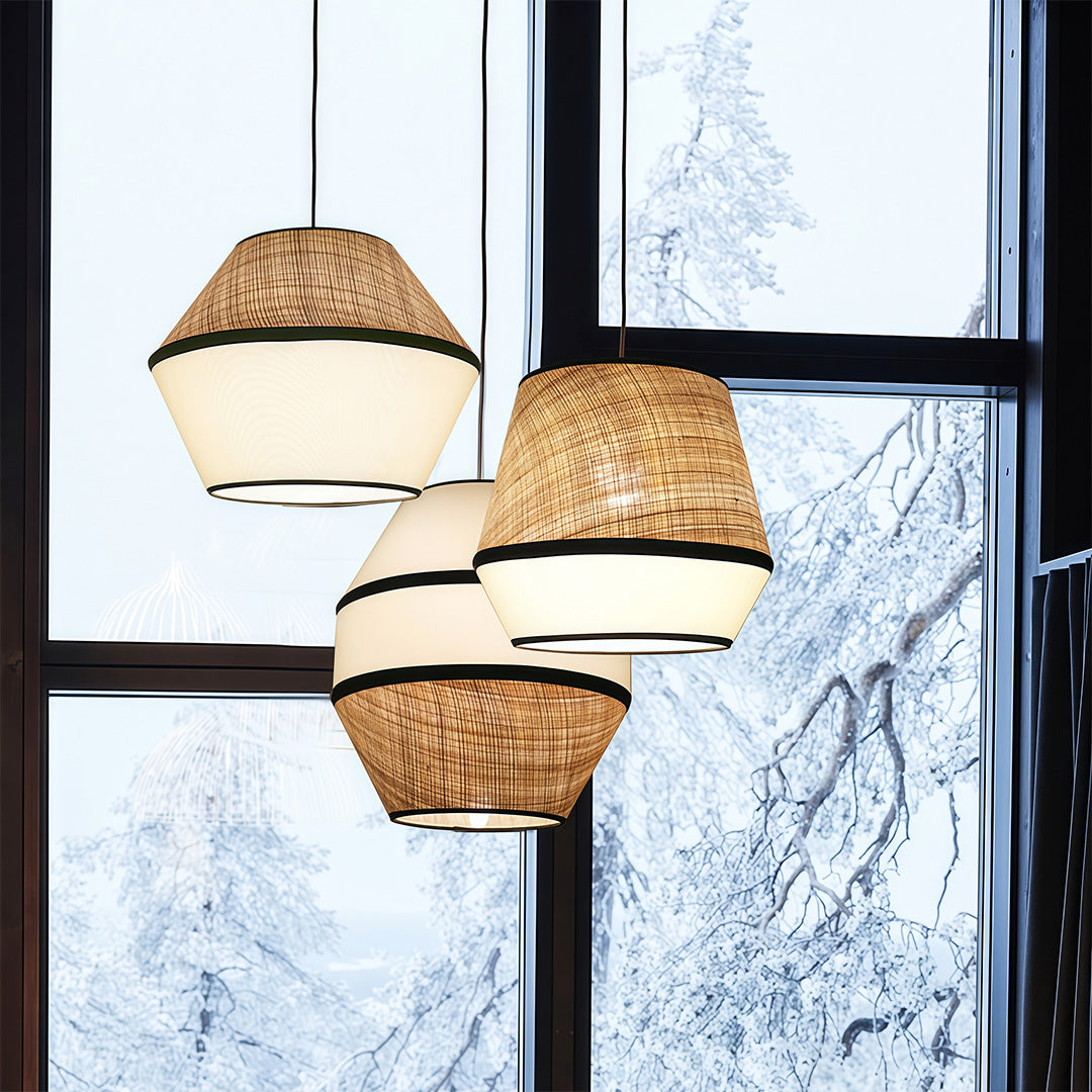 Wabi-Sabi Raffia Pendant Light with Fabric Shade, Natural Beige