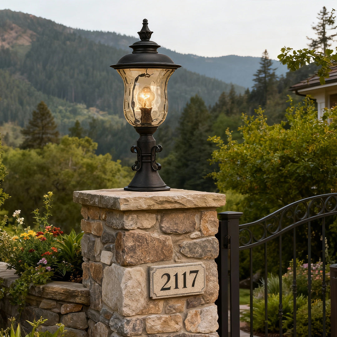 European Classic Outdoor Pillar Gate Light in Sand-Black Aluminum