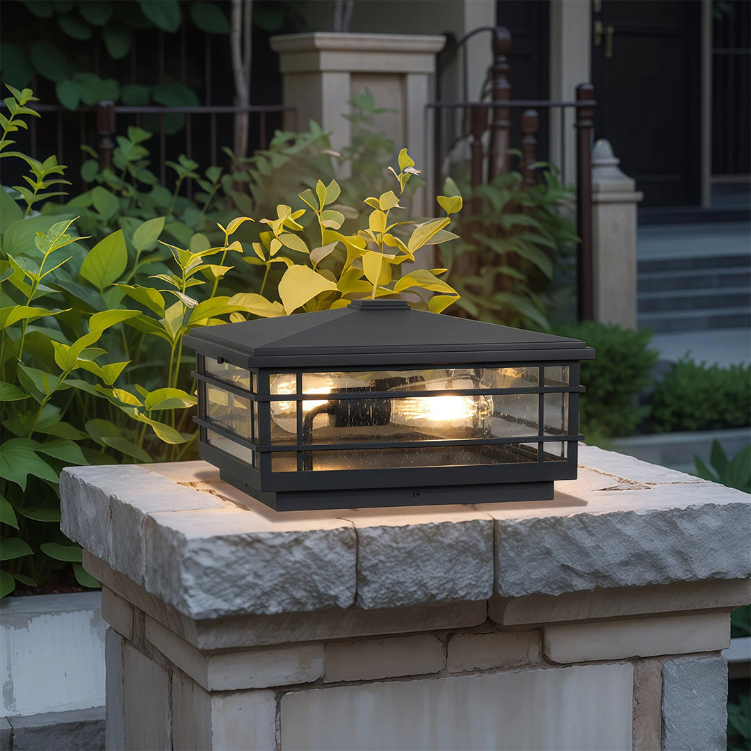 Outdoor Pillar Light in Black Aluminum with Clear Glass Shade for Courtyards
