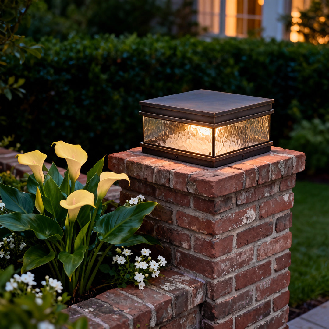 Square Brass Pillar Mount Outdoor Gate Light with Clear Glass Shade