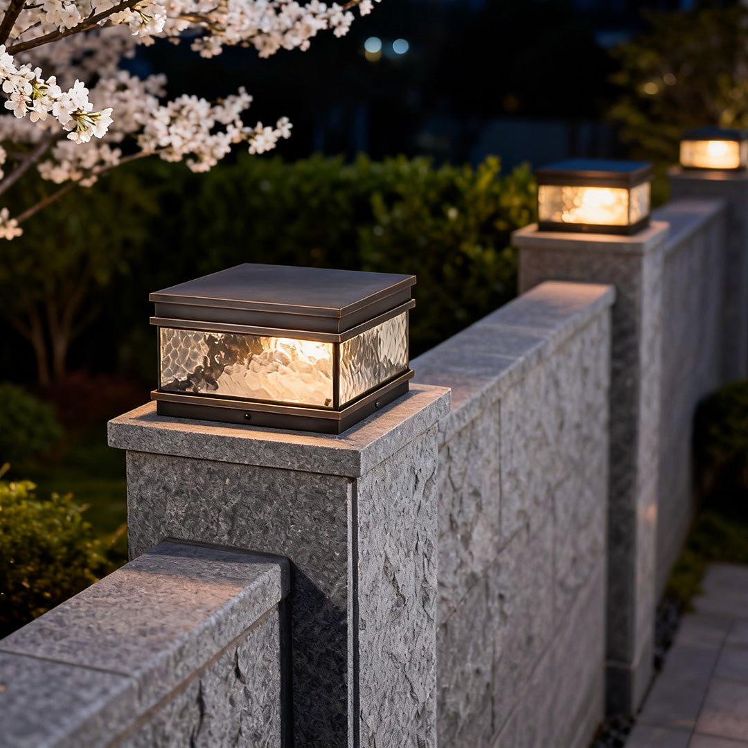 Square Brass Pillar Mount Outdoor Gate Light with Clear Glass Shade