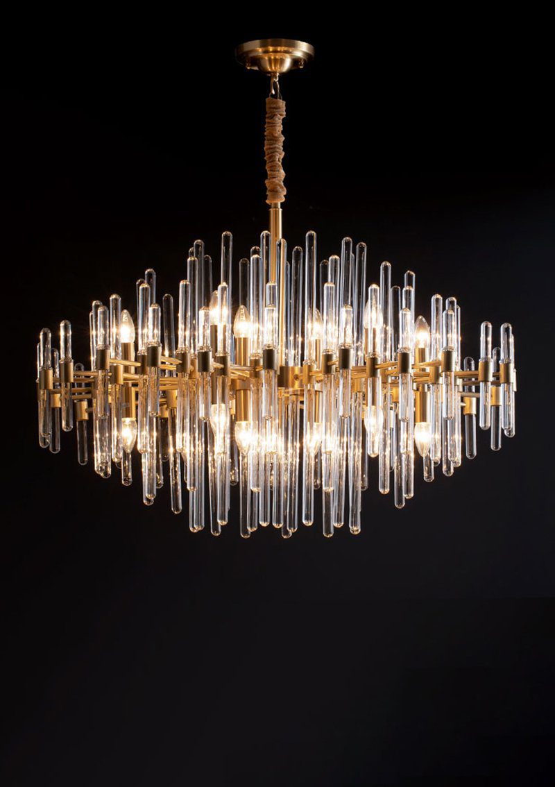 Brass Chandelier with Clear Glass Rods Shade