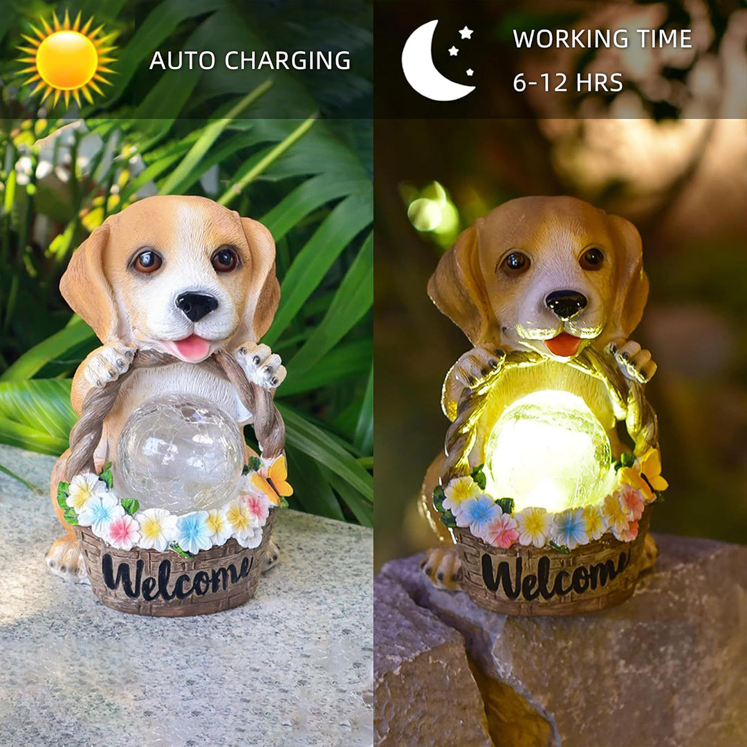 Solar-Powered Resin Puppy Garden Light with Flower Basket
