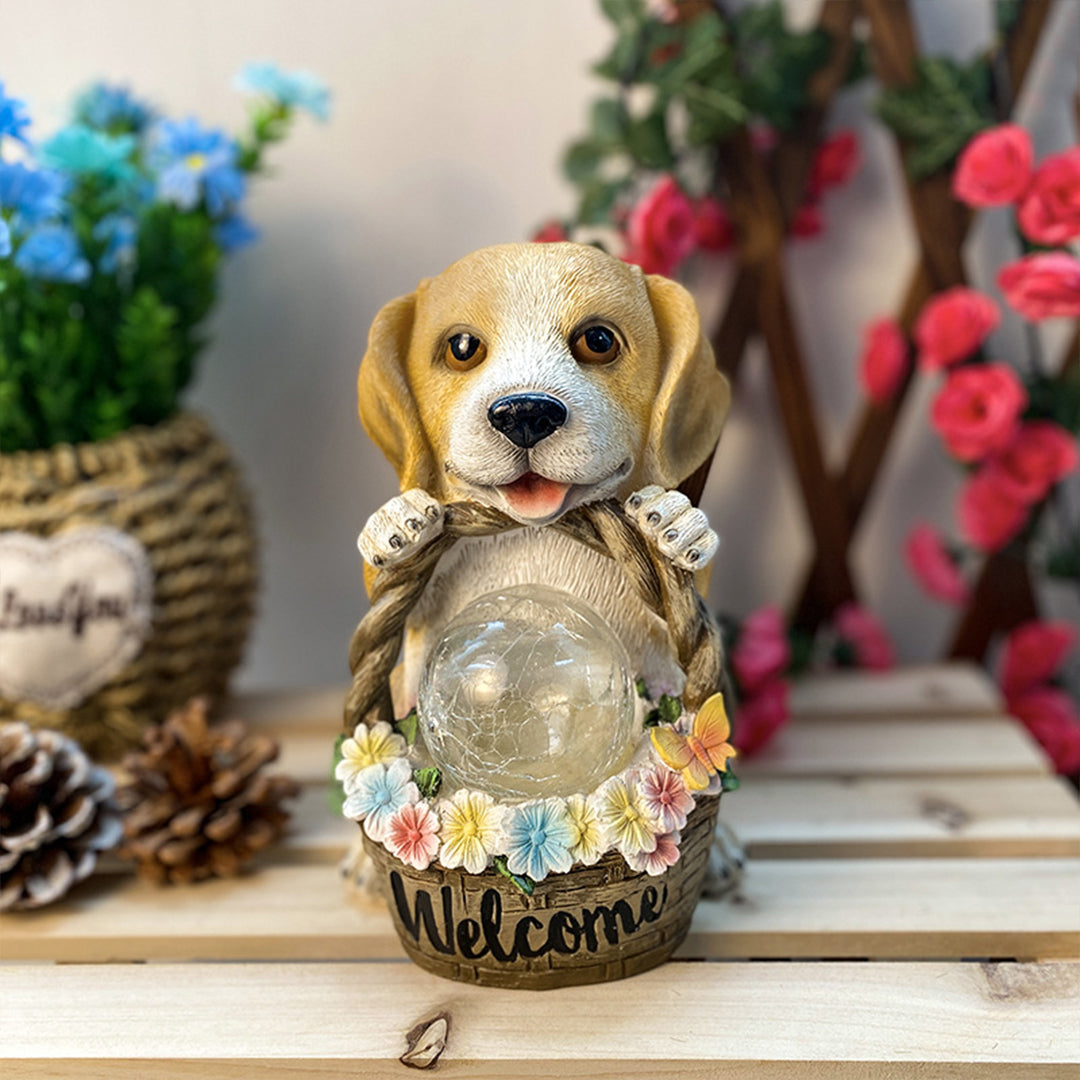 Solar-Powered Resin Puppy Garden Light with Flower Basket