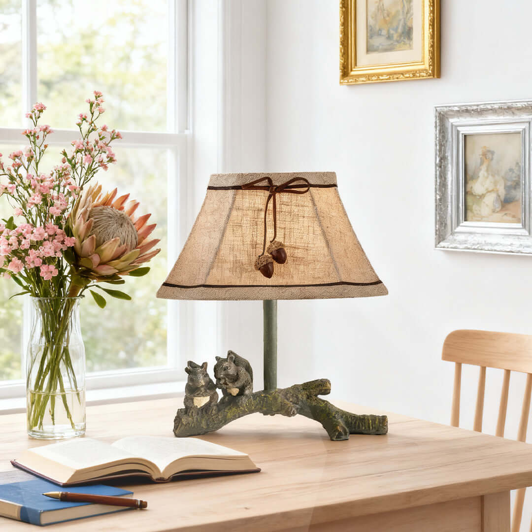 Sculptural Squirrel Table Lamp with Beige Linen Shade, French Countryside Decor