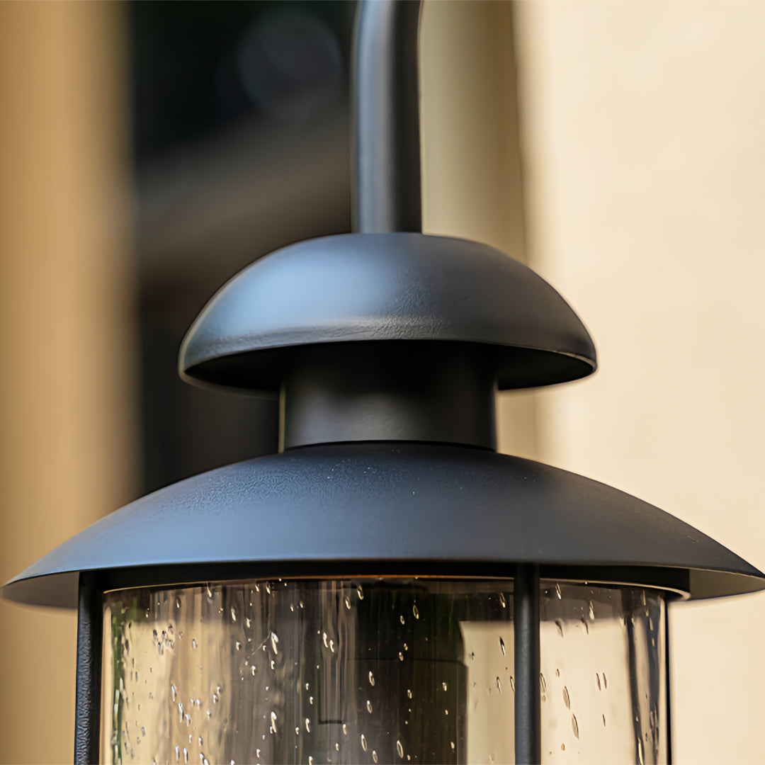 European Outdoor Wall Sconce with Clear Glass Shade in Black Aluminum