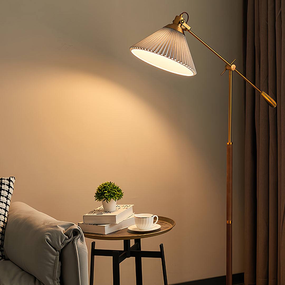 Swing Arm Floor Lamp with Pleated Shade and Solid Ash Wood Base