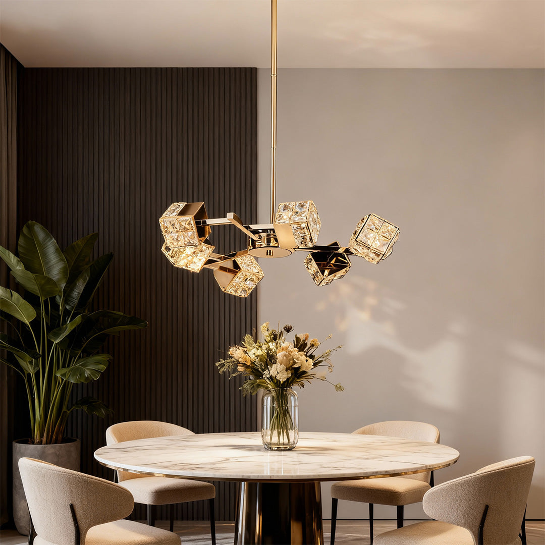 Modern Crystal Cube Chandelier in Champagne Gold for Living and Dining Spaces