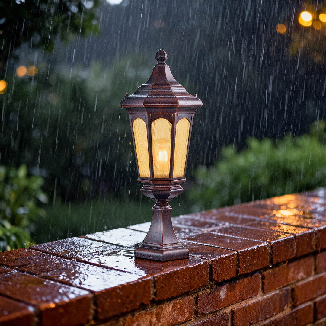 Retro Outdoor Pillar Light with Clear Glass Shade in Coffee Finish