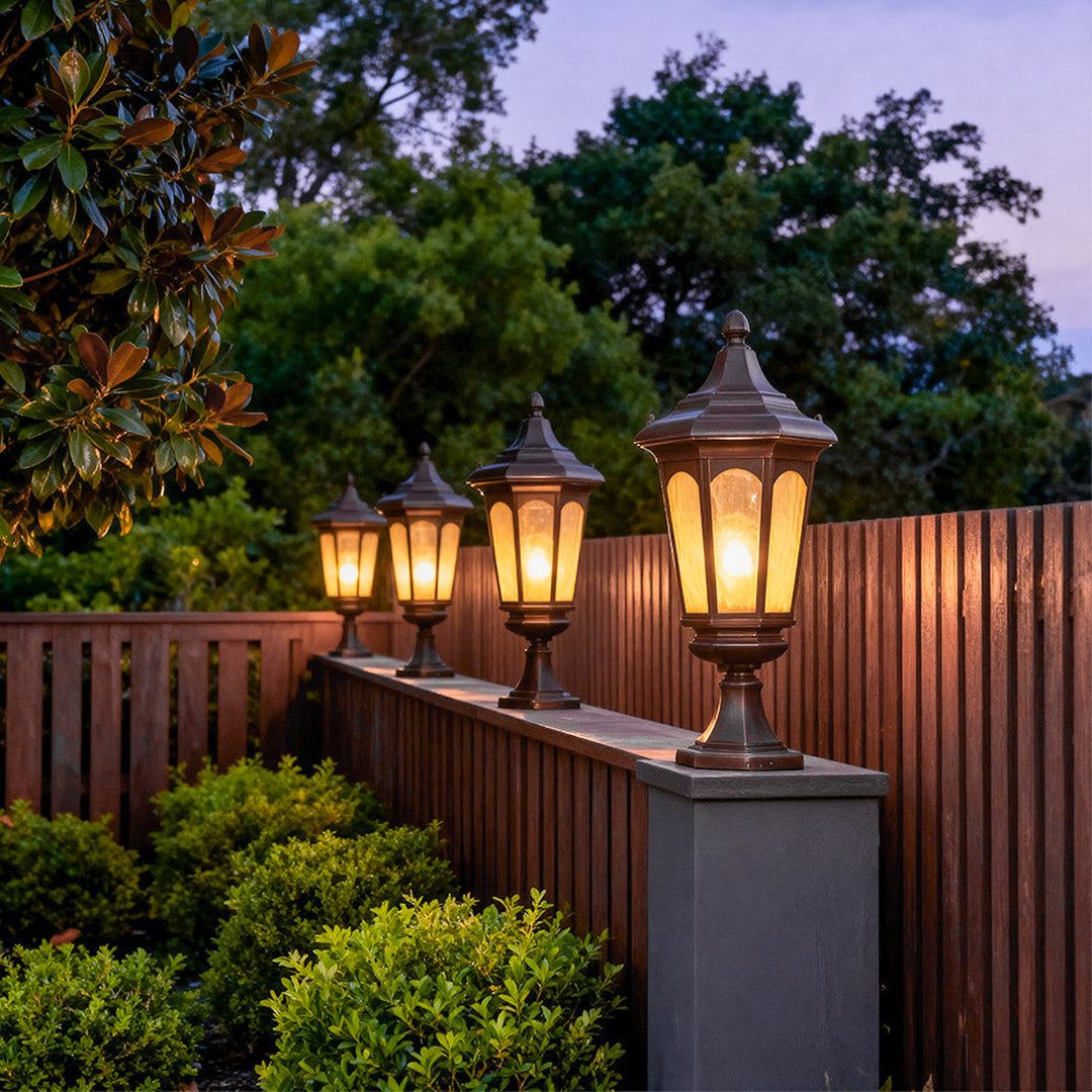 Retro Outdoor Pillar Light with Clear Glass Shade in Coffee Finish