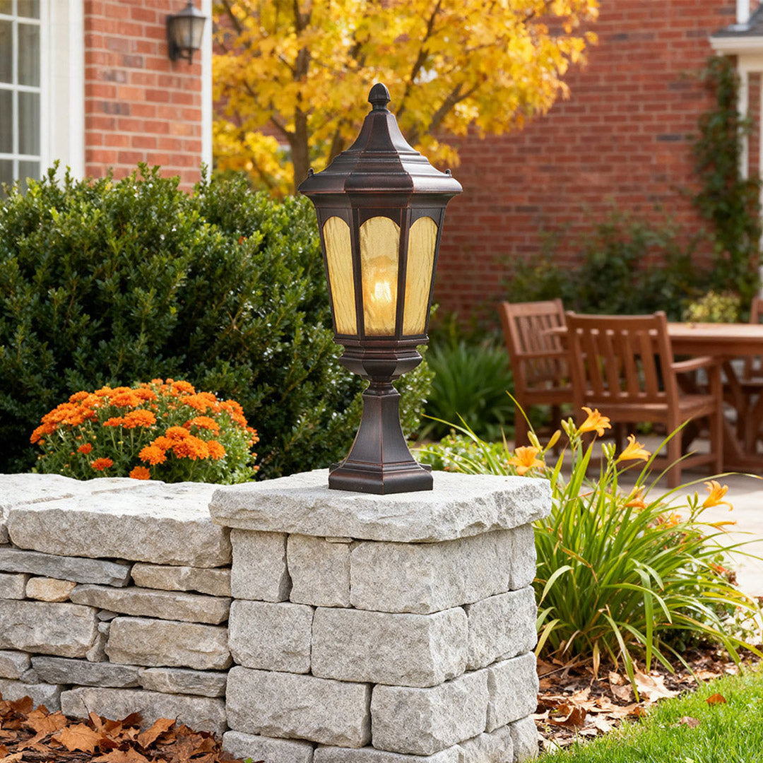 Retro Outdoor Pillar Light with Clear Glass Shade in Coffee Finish