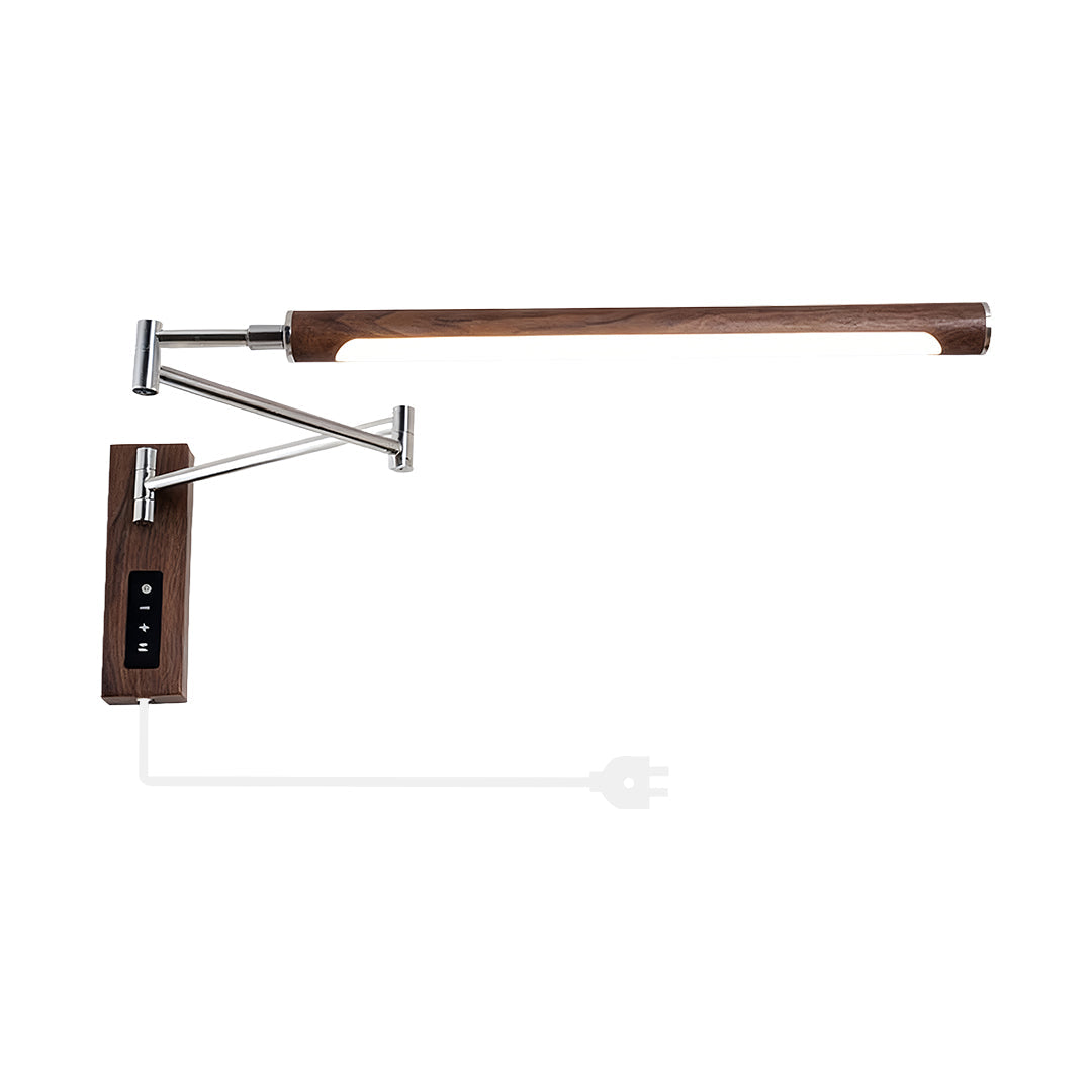 Swing Arm Wall Sconce in Silver Iron with Walnut Accents, Mid-Century Modern LED Reading Lamp