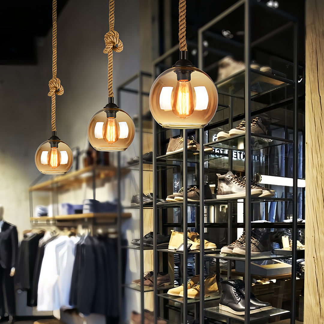 Artisan Glass Pendant Light with Natural Hemp Rope – Minimalist LED Ceiling Lamp