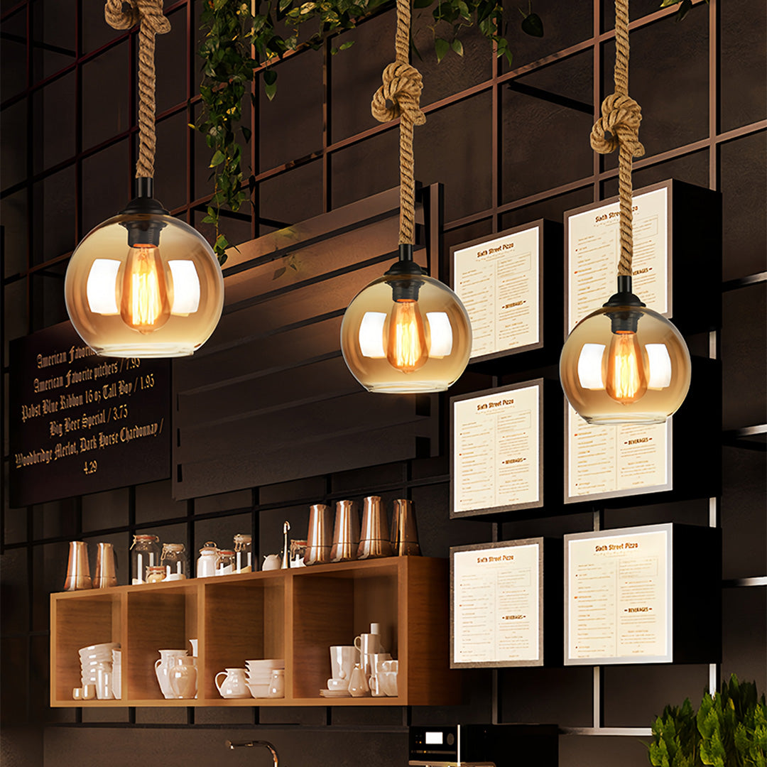 Artisan Glass Pendant Light with Natural Hemp Rope – Minimalist LED Ceiling Lamp