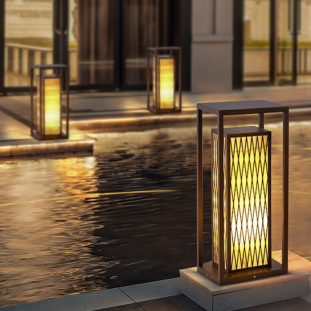 Classic Asian Courtyard Rectangular LED Outdoor Wall Light in Brown