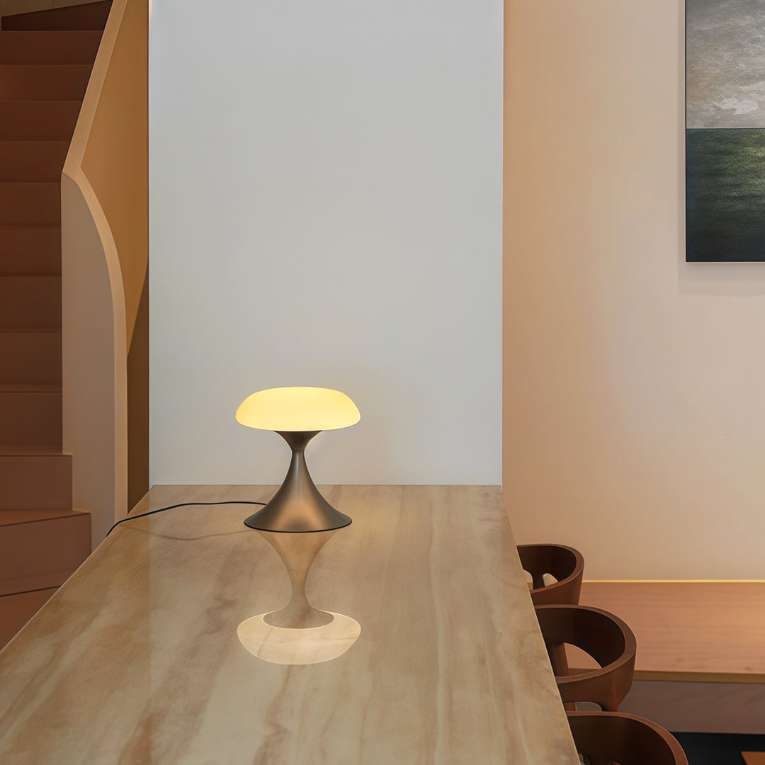 Mid-Century Modern Mushroom Table Lamp with Silver Iron Frame and LED Glow