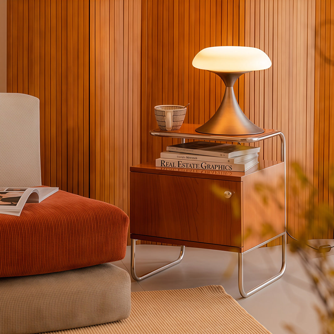Mid-Century Modern Mushroom Table Lamp with Silver Iron Frame and LED Glow