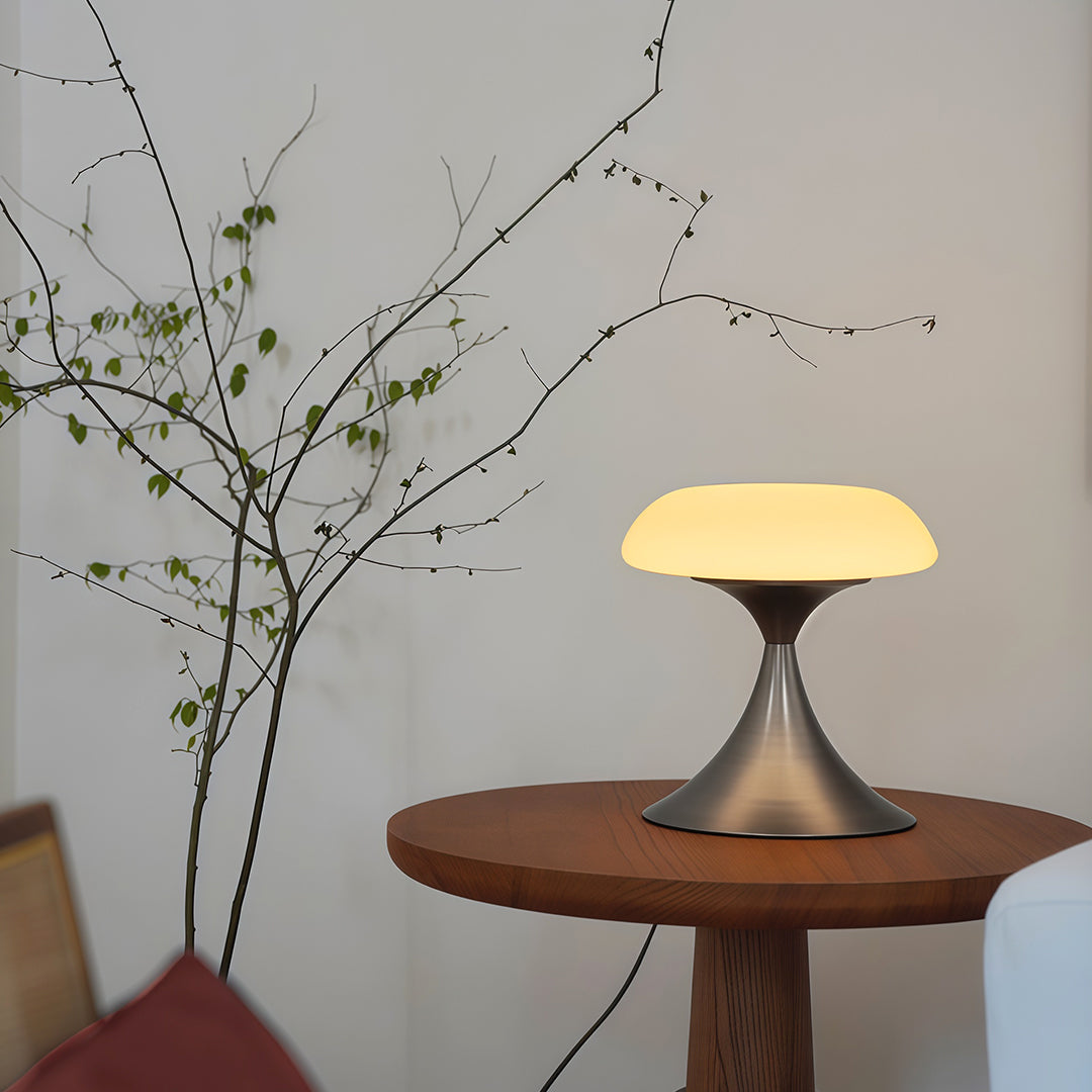 Mid-Century Modern Mushroom Table Lamp with Silver Iron Frame and LED Glow