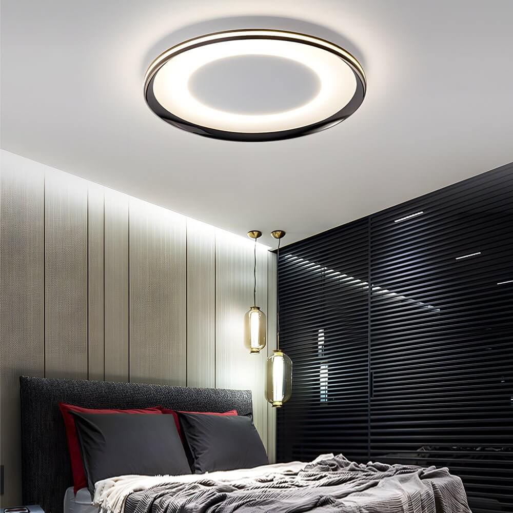 Round LED Flush Ceiling Light in Matte Black with Layered Halo Illumination
