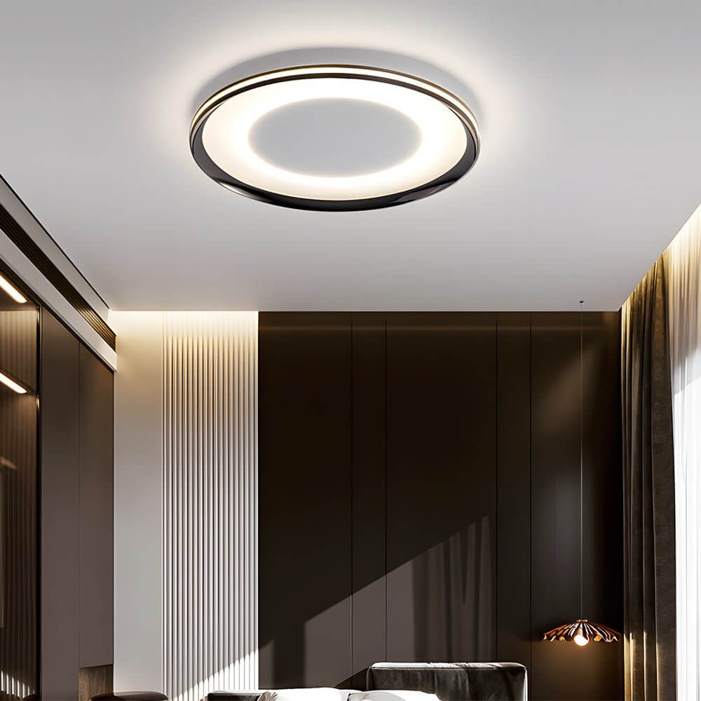 Round LED Flush Ceiling Light in Matte Black with Layered Halo Illumination