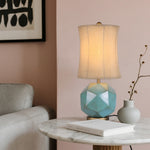 Teal Resin Table Lamp with Brown Fabric Shade – Modern Industrial Designer Lighting