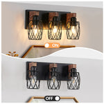 Black Metal Cage Vanity Light with Walnut Accents for Bathroom Mirror