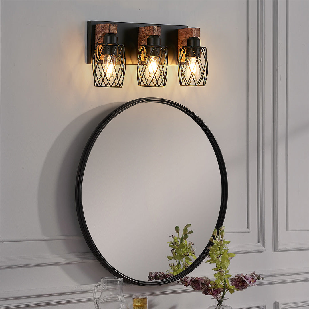 Black Metal Cage Vanity Light with Walnut Accents for Bathroom Mirror