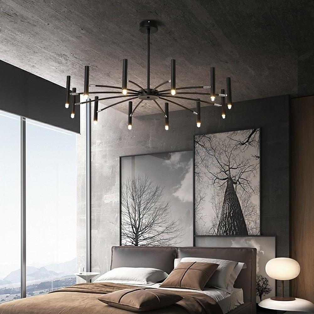 Linear Sputnik Chandelier Black Metal 12 Light Modern Hanging Lights