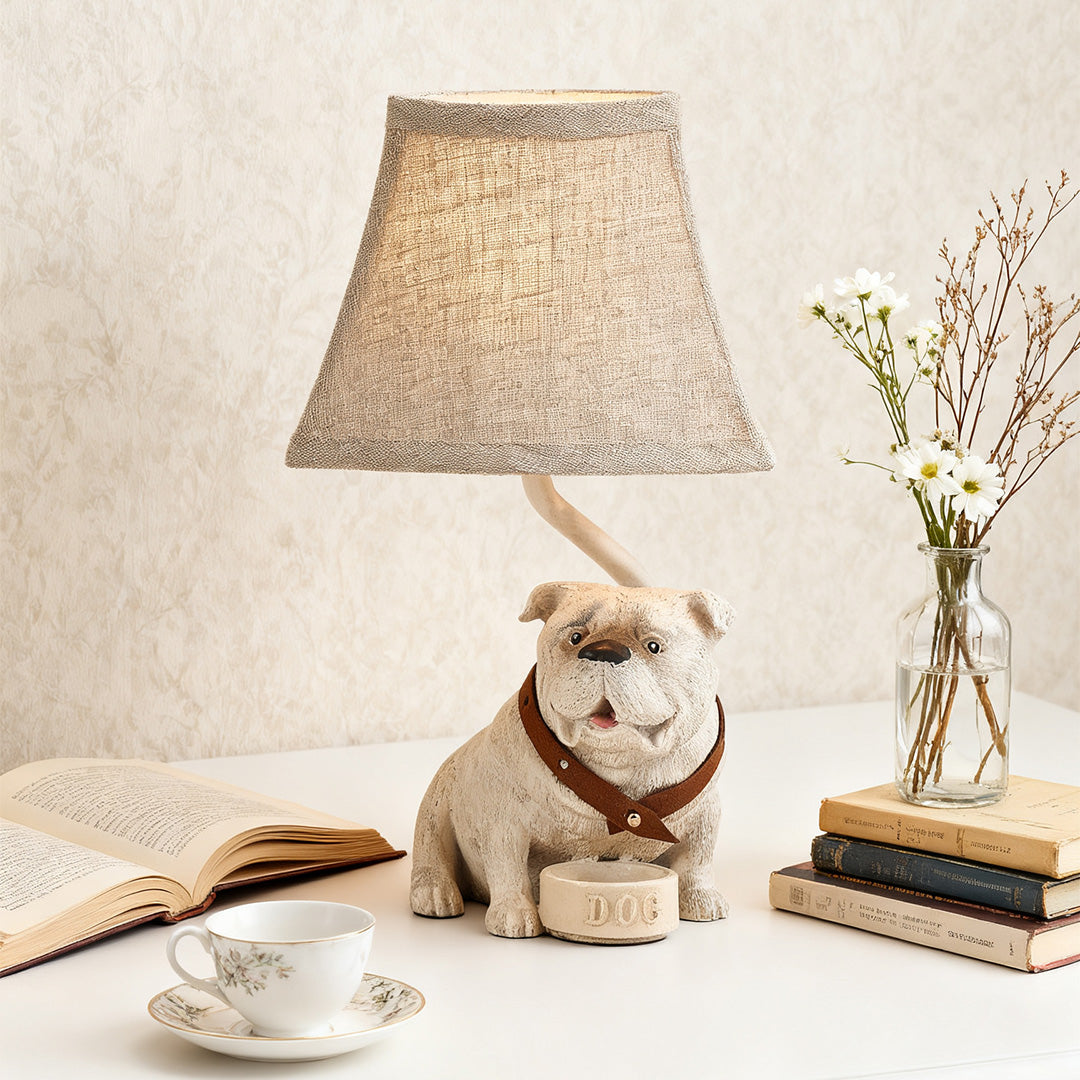 White Resin Dog Table Lamp with Fabric Shade, Mid-Century Modern Decor