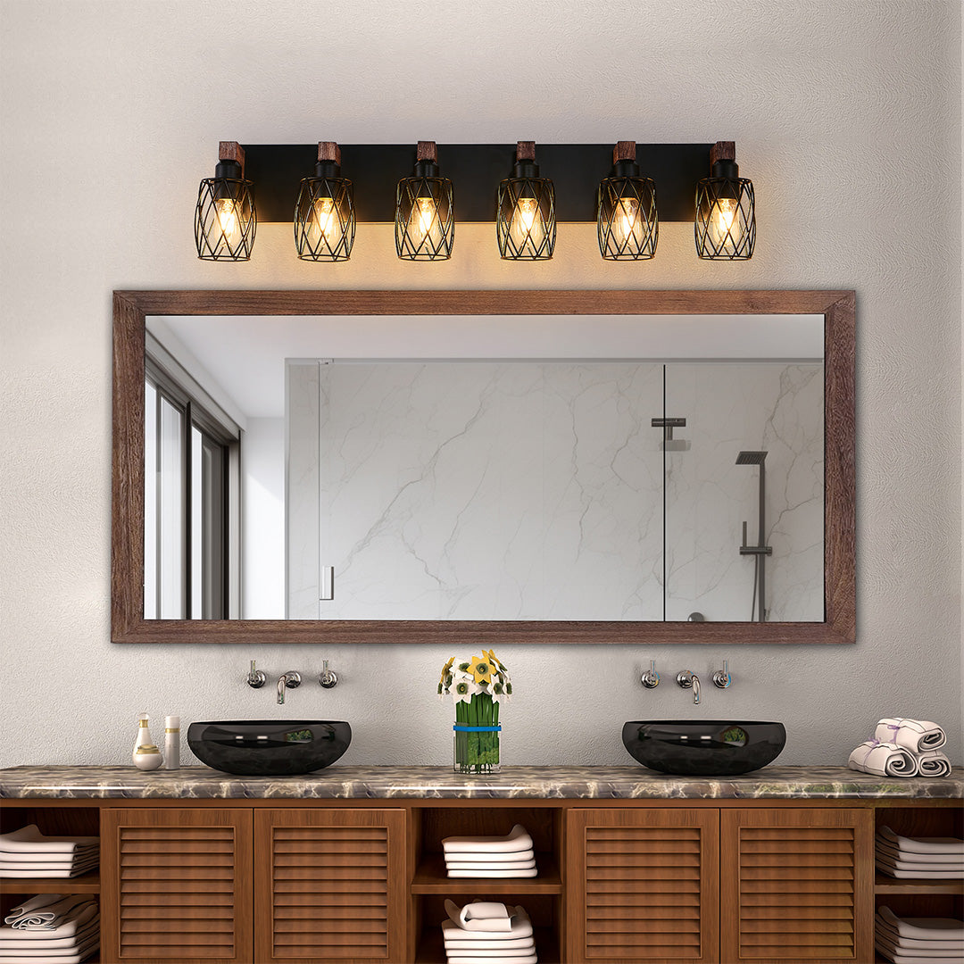 Black Metal Cage Vanity Light with Walnut Accents for Bathroom Mirror