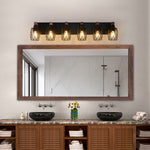Black Metal Cage Vanity Light with Walnut Accents for Bathroom Mirror