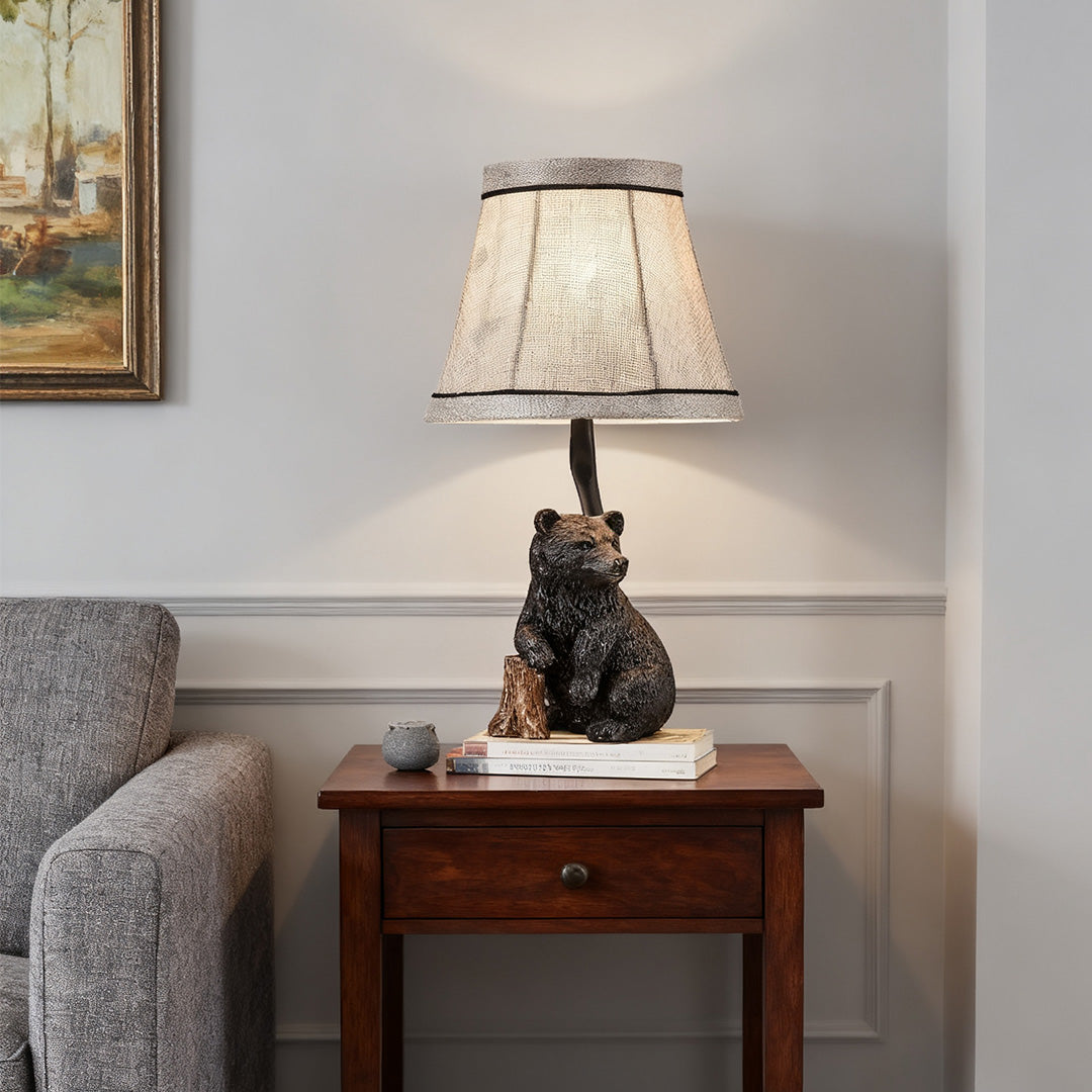 European Style Bear Resin Table Lamp with Fabric Shade