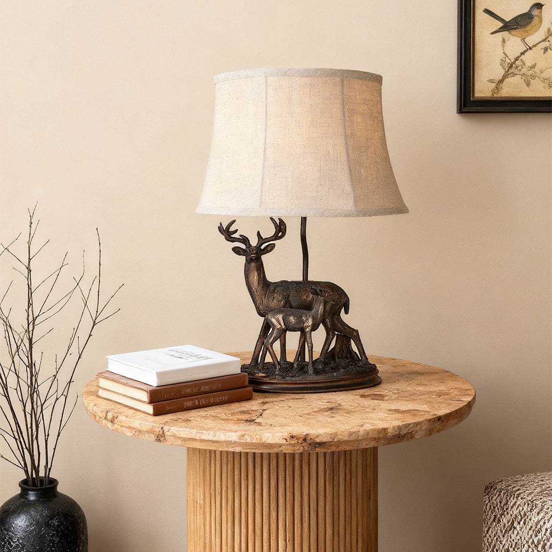 Sculpted Deer Table Lamp with Bronze Finish and Beige Linen Shade