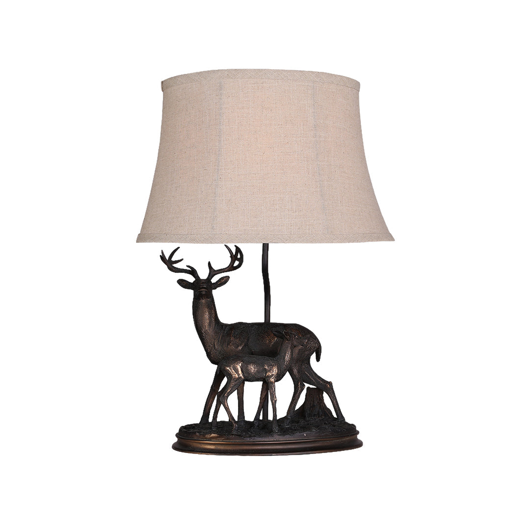 Sculpted Deer Table Lamp with Bronze Finish and Beige Linen Shade
