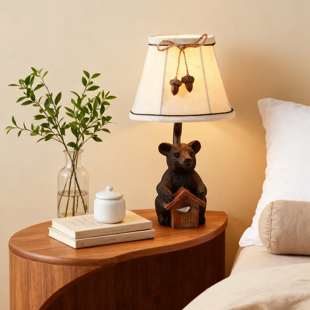 Bear Table Lamp with Fabric Shade – European Designer Resin Sculpture Light