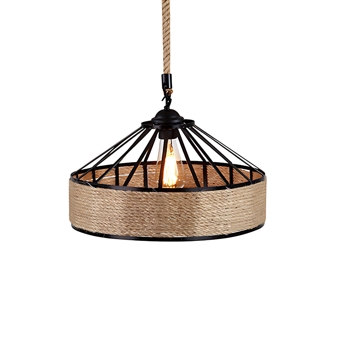 Halo Pendant Light in Black Iron and Natural Hemp Rope