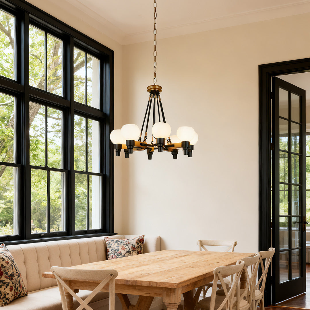 Artisan Eight-Light Globe Chandelier in Black and Clear Glass