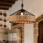 Halo Pendant Light in Black Iron and Natural Hemp Rope
