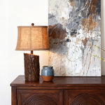 Rustic Bark-Textured Table Lamp with Linen Shade for Cozy Interiors