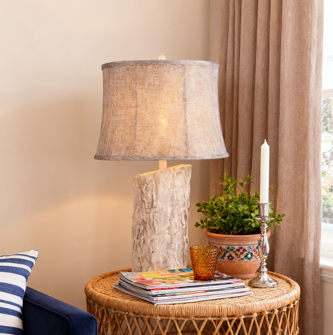 White Wood Table Lamp with Realistic Bark Fabric Shade