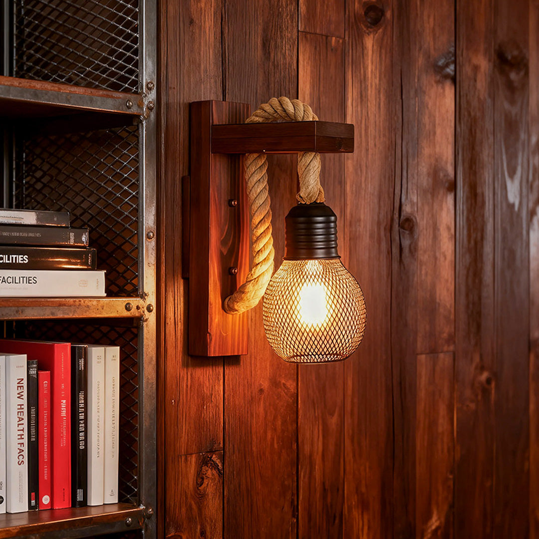 Rustic Iron Wall Sconce with Hemp Rope and Wood Accent