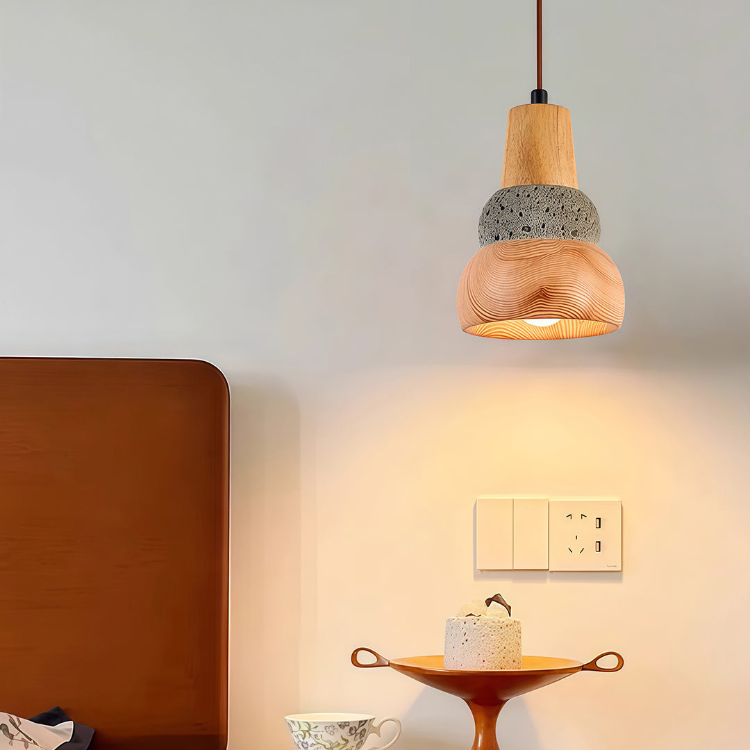 Wabi-Sabi Wood Pendant Light with Cement Accent, Adjustable Hanging