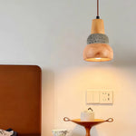 Wabi-Sabi Wood Pendant Light with Cement Accent, Adjustable Hanging
