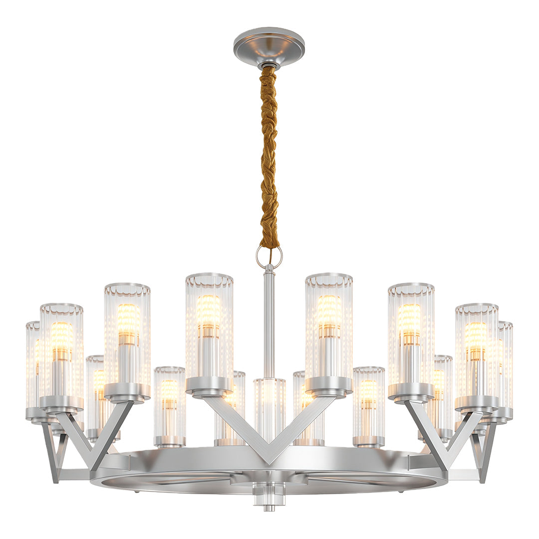 Lumière Cascade: Modern Copper Glass Drop Chandelier for Elegant Interiors