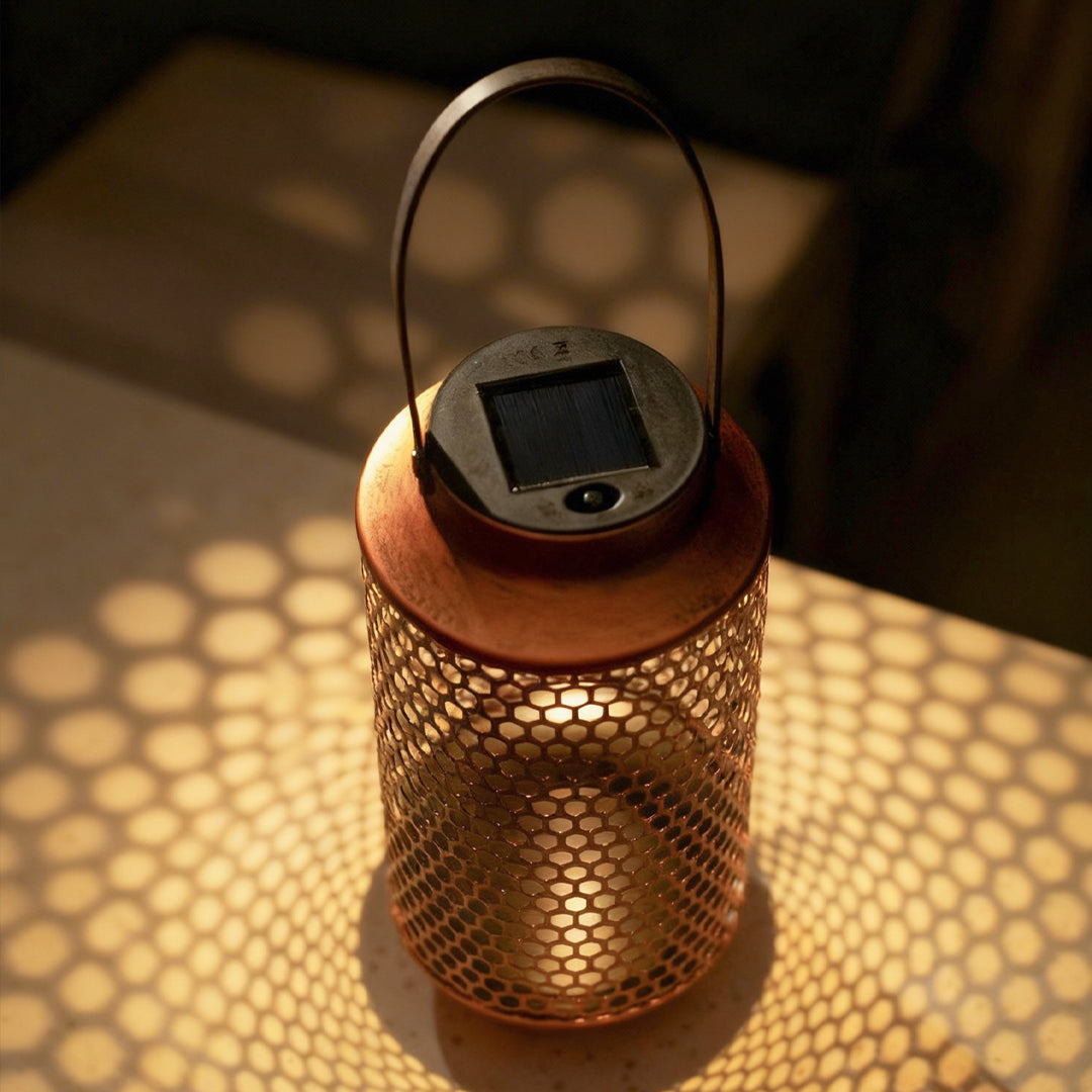 Vintage Solar Lantern with Bronze Iron Perforated Shade for Garden and Patio