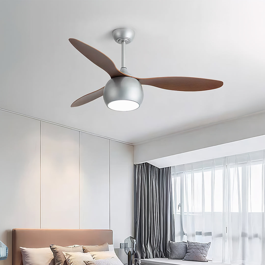 Silver LED Ceiling Fan with Wood Grain Blades for Modern Interiors