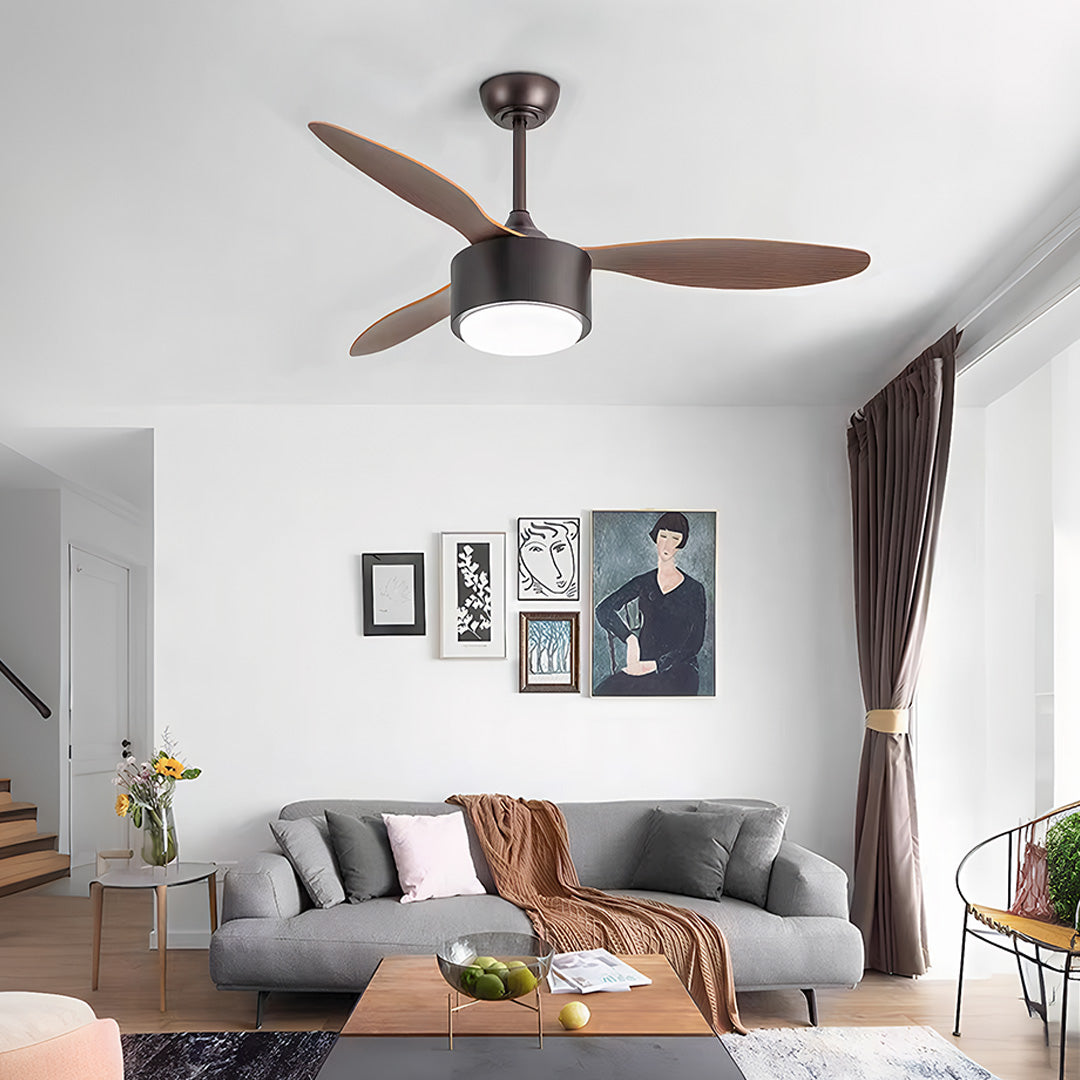 Silver LED Ceiling Fan with Wood Grain Blades for Modern Interiors